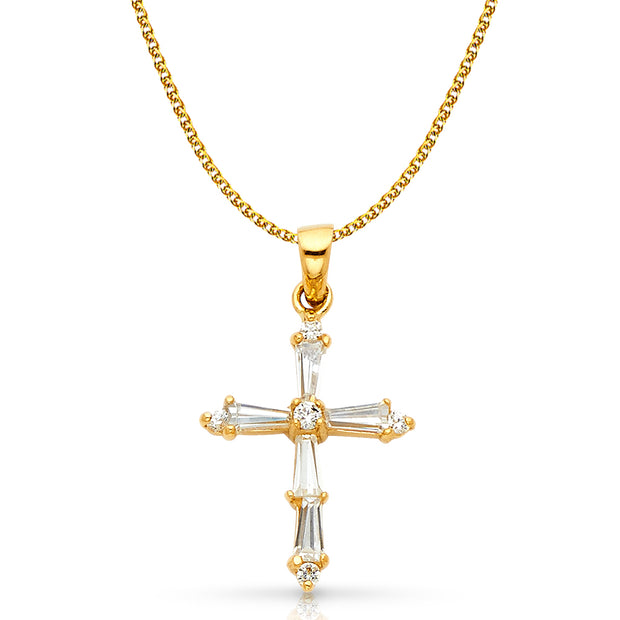 14K Gold Cross Tapered Baguette CZ  Charm Pendant with 1.2mm Flat Open Wheat Chain Necklace