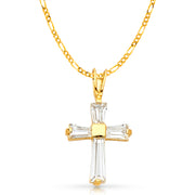 14K White Gold Fancy Cross Tapered Baguette CZ  Charm Pendant with 2mm Figaro 3+1 Chain Necklace