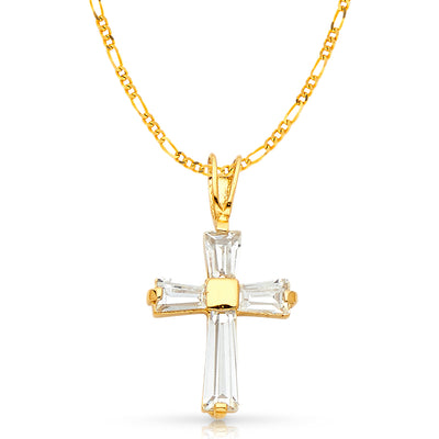 14K White Gold Fancy Cross Tapered Baguette CZ  Charm Pendant with 2mm Figaro 3+1 Chain Necklace