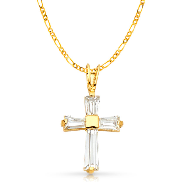 14K White Gold Fancy Cross Tapered Baguette CZ  Charm Pendant with 2mm Figaro 3+1 Chain Necklace