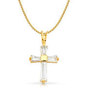14K White Gold Fancy Cross Tapered Baguette CZ  Charm Pendant with 1.5mm Flat Open Wheat Chain Necklace