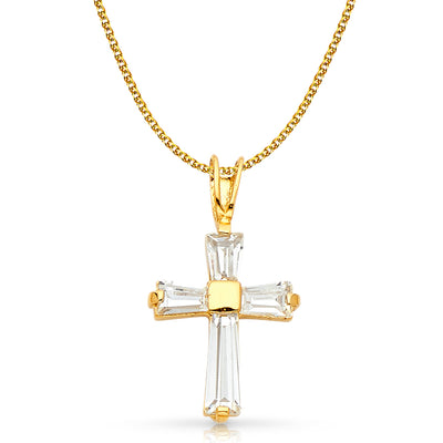 14K White Gold Fancy Cross Tapered Baguette CZ  Charm Pendant with 1.5mm Flat Open Wheat Chain Necklace