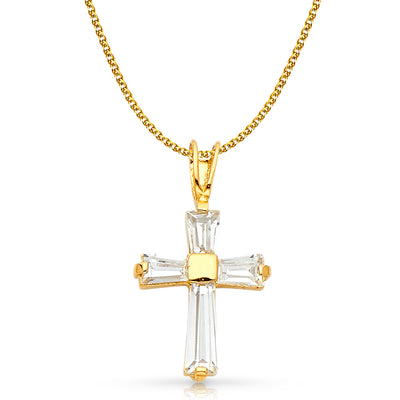 14K White Gold Fancy Cross Tapered Baguette CZ  Charm Pendant with 1.5mm Flat Open Wheat Chain Necklace