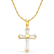 14K White Gold Fancy Cross Tapered Baguette CZ  Charm Pendant with 1.2mm Singapore Chain Necklace
