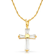 14K White Gold Fancy Cross Tapered Baguette CZ  Charm Pendant with 1.2mm Singapore Chain Necklace
