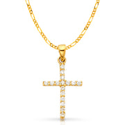 14K White Gold Fancy Cross Round Cut CZ  Charm Pendant with 2mm Figaro 3+1 Chain Necklace