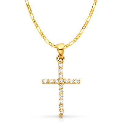 14K White Gold Fancy Cross Round Cut CZ  Charm Pendant with 2mm Figaro 3+1 Chain Necklace