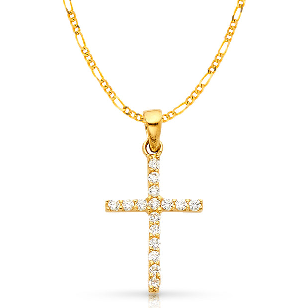 14K White Gold Fancy Cross Round Cut CZ  Charm Pendant with 2mm Figaro 3+1 Chain Necklace
