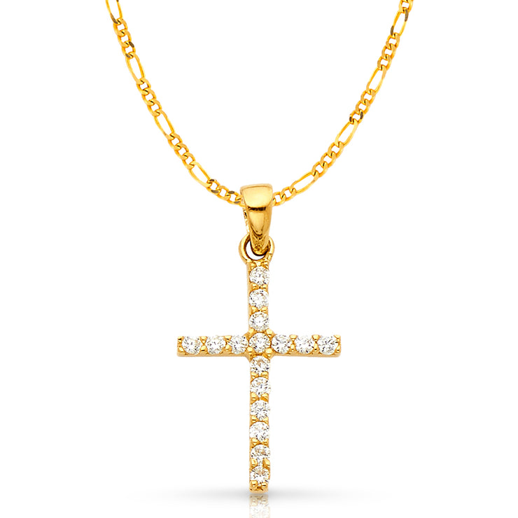 14K White Gold Fancy Cross Round Cut CZ  Charm Pendant with 2mm Figaro 3+1 Chain Necklace