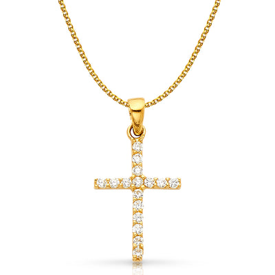 14K White Gold Fancy Cross Round Cut CZ  Charm Pendant with 1.5mm Flat Open Wheat Chain Necklace