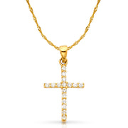 14K White Gold Fancy Cross Round Cut CZ  Charm Pendant with 1.2mm Singapore Chain Necklace