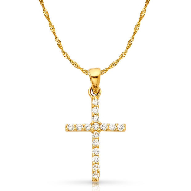 14K White Gold Fancy Cross Round Cut CZ  Charm Pendant with 1.2mm Singapore Chain Necklace