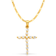 14K White Gold Fancy Cross Round Cut CZ  Charm Pendant with 2mm Figaro 3+1 Chain Necklace