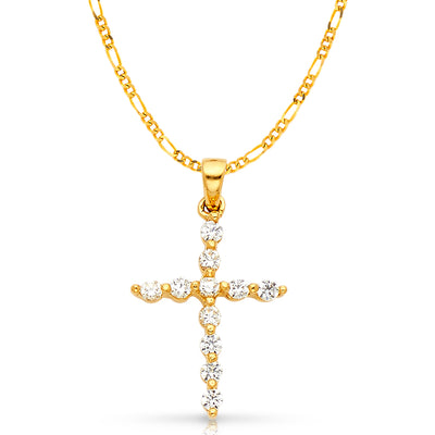 14K White Gold Fancy Cross Round Cut CZ  Charm Pendant with 2mm Figaro 3+1 Chain Necklace