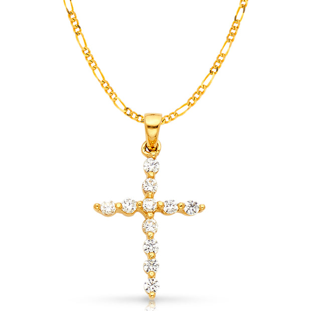 14K White Gold Fancy Cross Round Cut CZ  Charm Pendant with 2mm Figaro 3+1 Chain Necklace