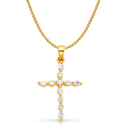 14K White Gold Fancy Cross Round Cut CZ  Charm Pendant with 1.5mm Flat Open Wheat Chain Necklace