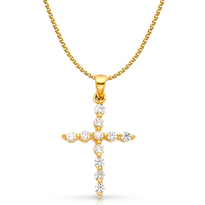 14K White Gold Fancy Cross Round Cut CZ  Charm Pendant with 1.5mm Flat Open Wheat Chain Necklace