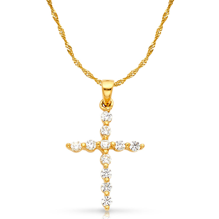 14K White Gold Fancy Cross Round Cut CZ  Charm Pendant with 1.2mm Singapore Chain Necklace