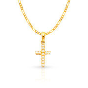 14K White Gold Fancy Cross Round Cut CZ  Charm Pendant with 1.6mm Figaro 3+1 Chain Necklace