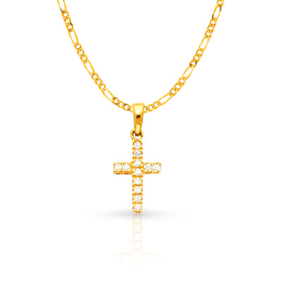 14K White Gold Fancy Cross Round Cut CZ  Charm Pendant with 1.6mm Figaro 3+1 Chain Necklace