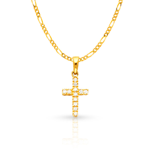 14K White Gold Fancy Cross Round Cut CZ  Charm Pendant with 1.6mm Figaro 3+1 Chain Necklace