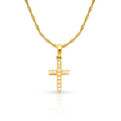 14K White Gold Fancy Cross Round Cut CZ  Charm Pendant with 0.9mm Singapore Chain Necklace