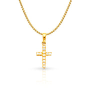 14K White Gold Fancy Cross Round Cut CZ  Charm Pendant with 1.2mm Flat Open Wheat Chain Necklace