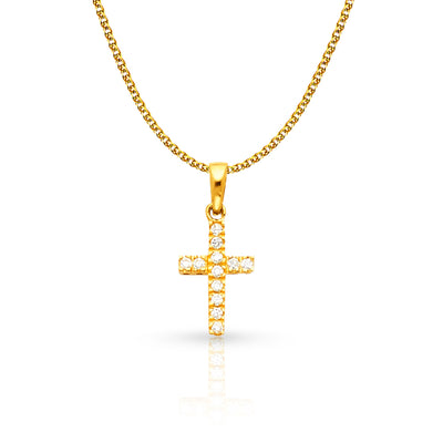 14K White Gold Fancy Cross Round Cut CZ  Charm Pendant with 1.2mm Flat Open Wheat Chain Necklace