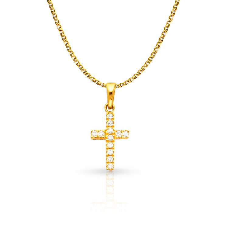 14K White Gold Fancy Cross Round Cut CZ  Charm Pendant with 1.2mm Flat Open Wheat Chain Necklace