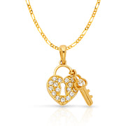 14K Gold Heart Lock & Key Studded CZ Charm Pendant with 1.6mm Figaro 3+1 Chain Necklace