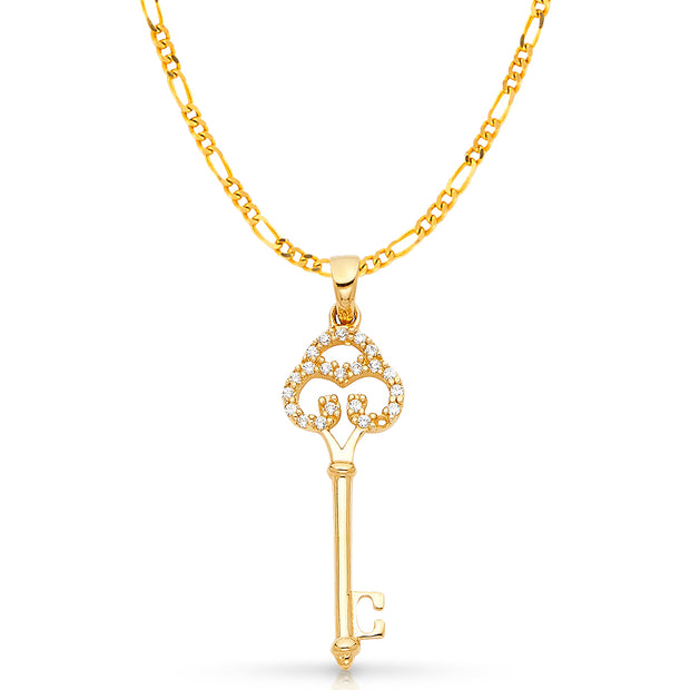 14K Gold Vintage Key CZ Charm Pendant with 2.3mm Figaro 3+1 Chain Necklace