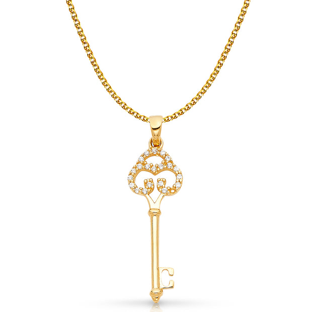 14K Gold Vintage Key CZ Charm Pendant with 1.5mm Flat Open Wheat Chain Necklace