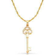 14K Gold Vintage Key CZ Charm Pendant with 1.2mm Singapore Chain Necklace