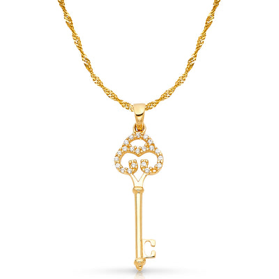 14K Gold Vintage Key CZ Charm Pendant with 1.2mm Singapore Chain Necklace