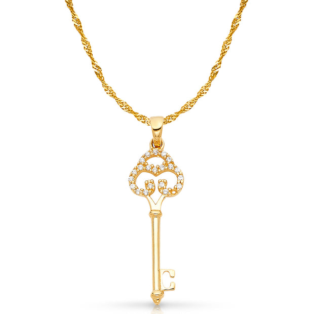 14K Gold Vintage Key CZ Charm Pendant with 1.2mm Singapore Chain Necklace