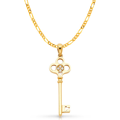 14K Gold Vintage Key CZ Charm Pendant with 2.3mm Figaro 3+1 Chain Necklace