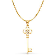 14K Gold Vintage Key CZ Charm Pendant with 1.5mm Flat Open Wheat Chain Necklace