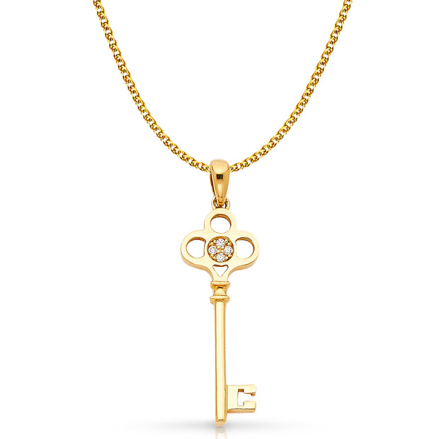 14K Gold Vintage Key CZ Charm Pendant with 1.5mm Flat Open Wheat Chain Necklace