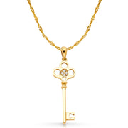 14K Gold Vintage Key CZ Charm Pendant with 1.2mm Singapore Chain Necklace