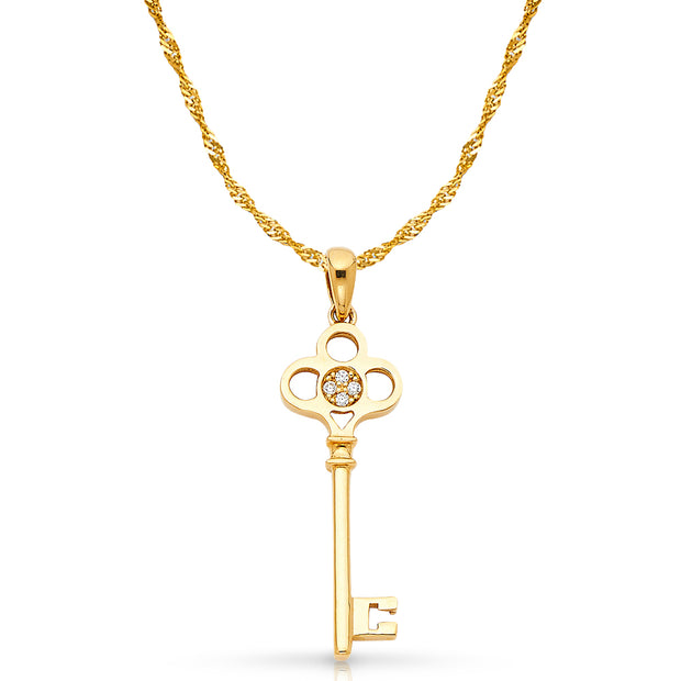 14K Gold Vintage Key CZ Charm Pendant with 1.2mm Singapore Chain Necklace