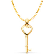 14K Gold Key to My Heart Plain Charm Pendant with 2mm Figaro 3+1 Chain Necklace