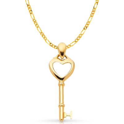 14K Gold Key to My Heart Plain Charm Pendant with 2mm Figaro 3+1 Chain Necklace