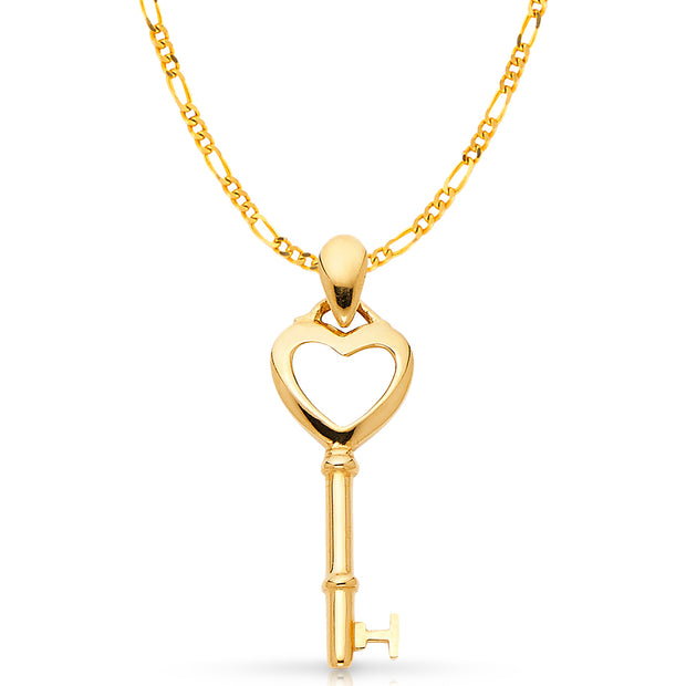 14K Gold Key to My Heart Plain Charm Pendant with 2mm Figaro 3+1 Chain Necklace