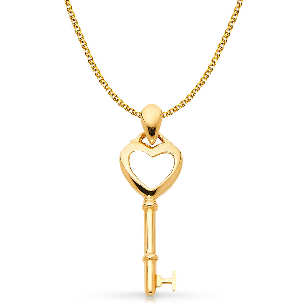 14K Gold Key to My Heart Plain Charm Pendant with 1.5mm Flat Open Wheat Chain Necklace