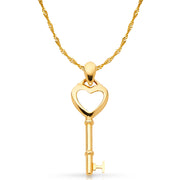 14K Gold Key to My Heart Plain Charm Pendant with 1.2mm Singapore Chain Necklace