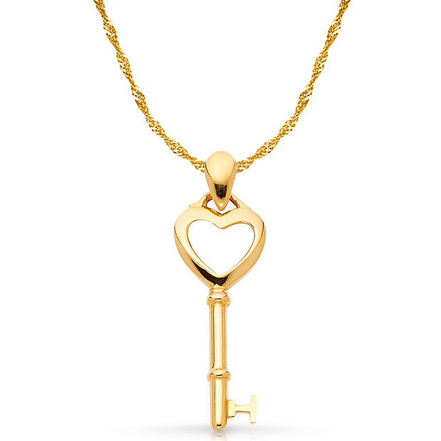 14K Gold Key to My Heart Plain Charm Pendant with 1.2mm Singapore Chain Necklace