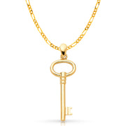 14K Gold Plain Key Charm Pendant with 2mm Figaro 3+1 Chain Necklace