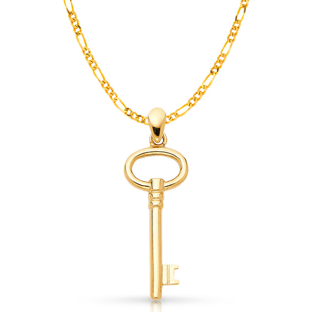 14K Gold Plain Key Charm Pendant with 2mm Figaro 3+1 Chain Necklace