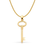 14K Gold Plain Key Charm Pendant with 1.5mm Flat Open Wheat Chain Necklace