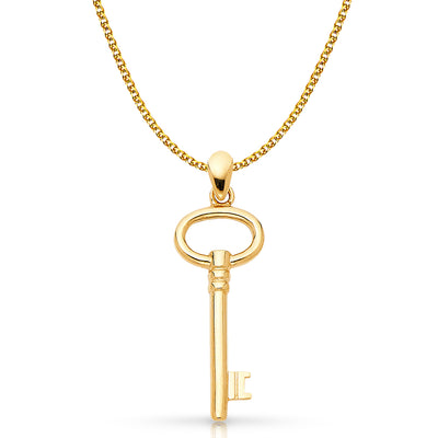14K Gold Plain Key Charm Pendant with 1.5mm Flat Open Wheat Chain Necklace